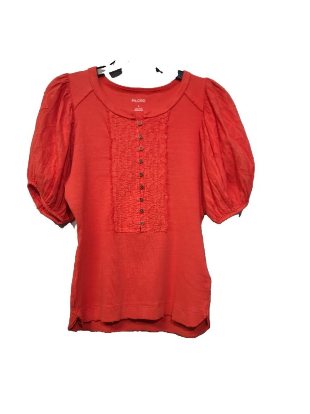 PILCRO Bella Henley Top Orange Puff Sleeve Size S